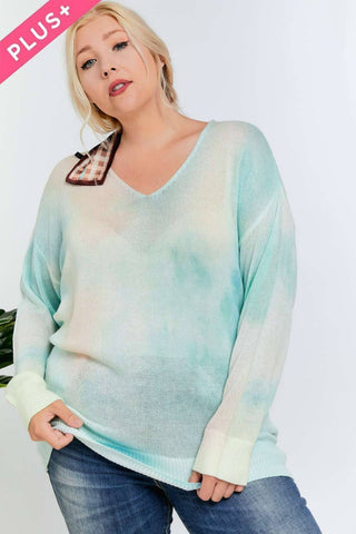 PLUS TIE DYE ACCENT V-NECK PULLOVER SWEATER TOP: Light Blue