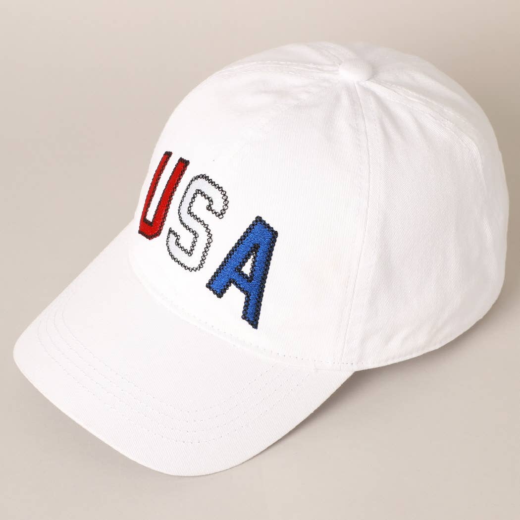 USA Embroidered Adjustable Baseball Cap Hat: WHITE / ONE SIZE