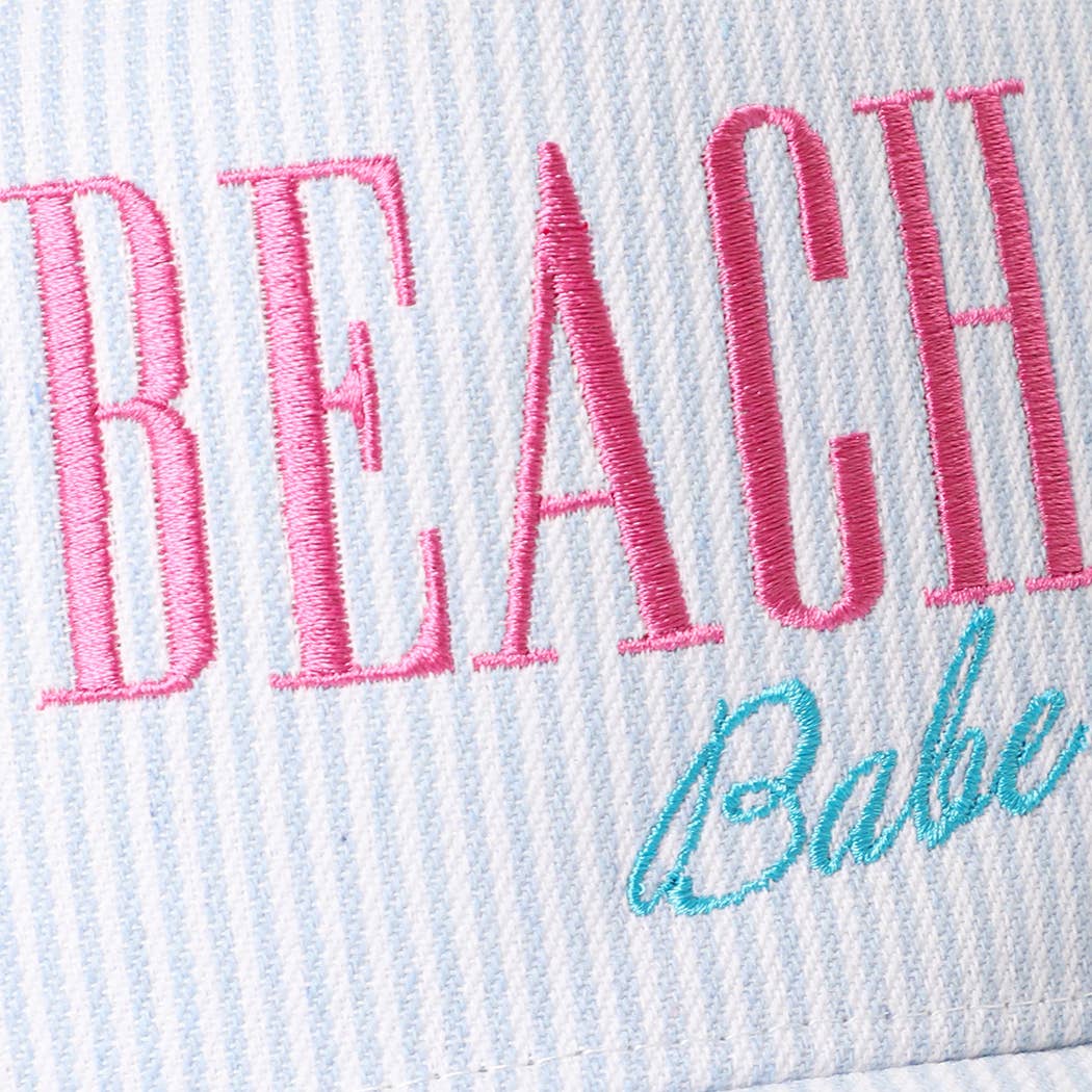 BEACH BABE Embroidered Seersucker Stripe Trucker Hat: BLUE