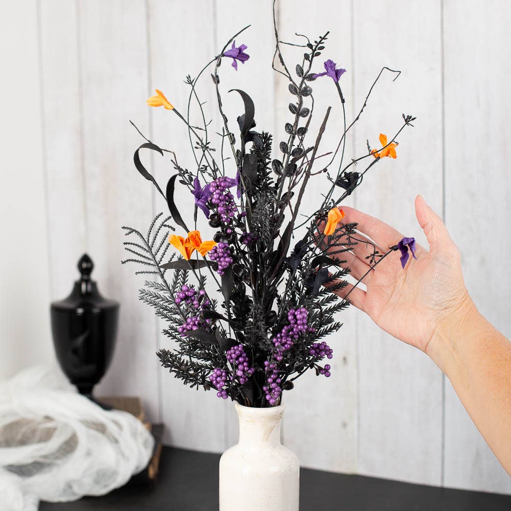 Halloween Black Orange Floral and Berry Spray Color: Black/Orange/Purple