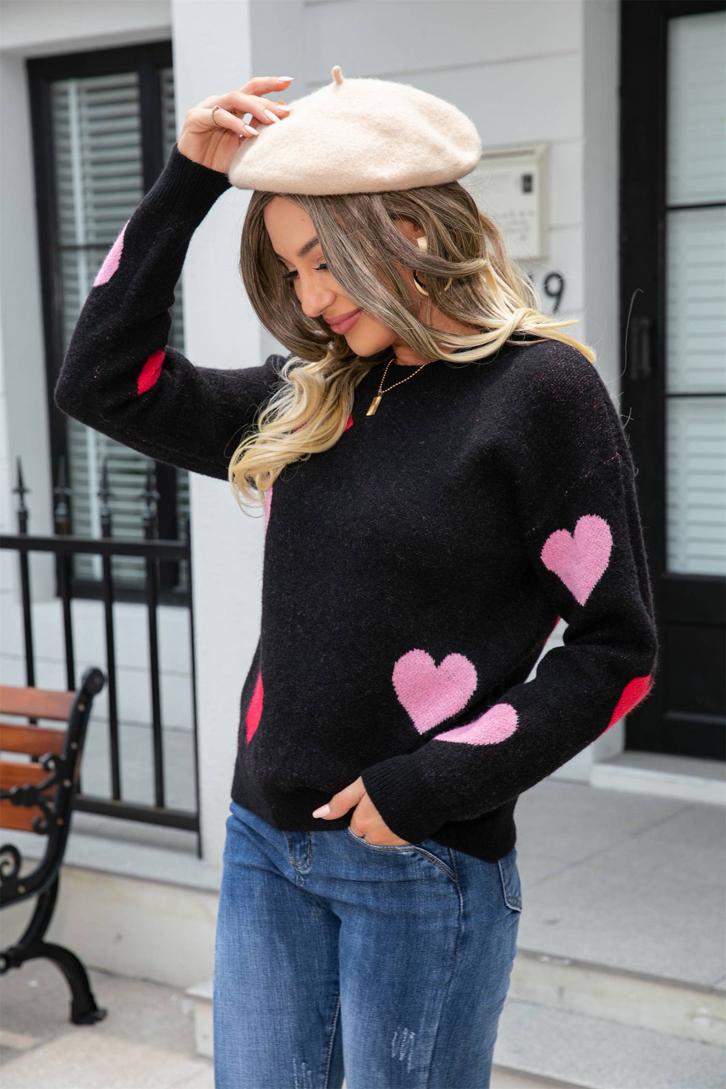 Heart Print Knit Sweater SZ53-SW9206: Black