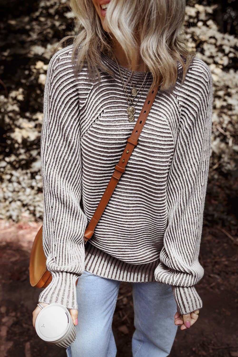 Striped Print Ribbed Knit Boat Neck Baggy Sweater: Black