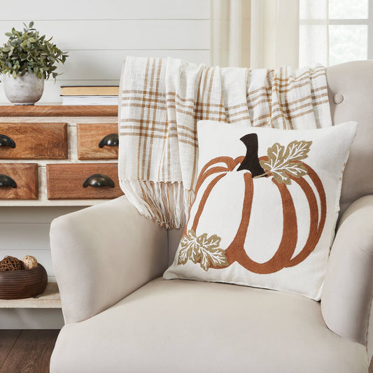 Fall Harvest Wheat Plaid Pumpkin Decorative Throw Pillow 18x18 Inch - Autumn Farmhouse Seasonal Accent Pillow for Home Decor