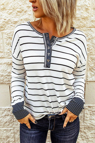 Striped Color Block Buttoned Waffle Knit Shirt: White