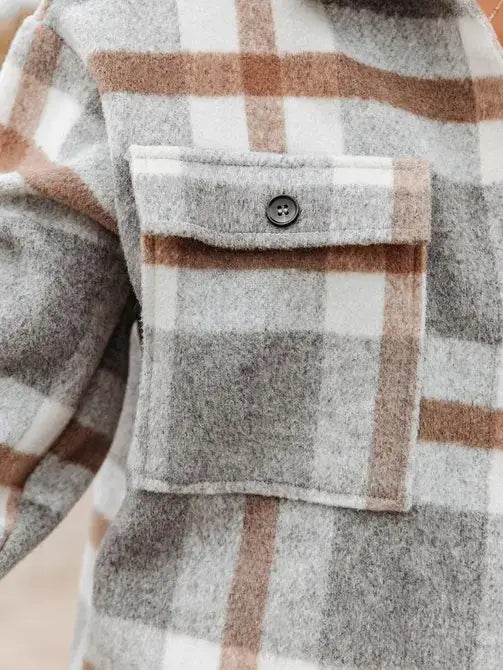 Light Gray Plaid Button Flannel Shirt Jacket