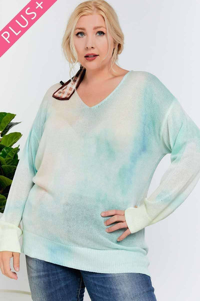 PLUS TIE DYE ACCENT V-NECK PULLOVER SWEATER TOP: Light Blue