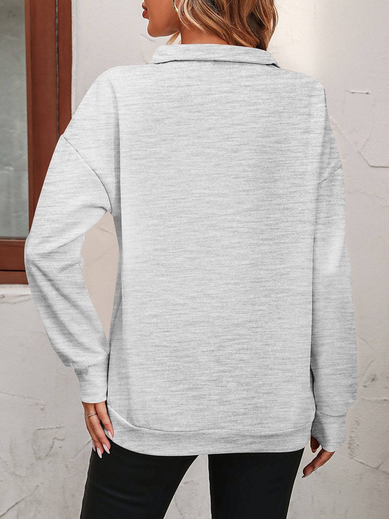 Semi-zipper Long-sleeved Sweatshirt: Light gray