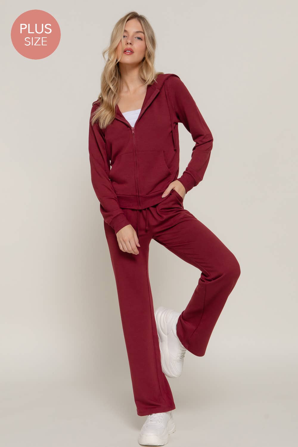 [PLUS SIZE] Long Slv Hoodie Jacket & Pants Sweatsuit Set  : BLK-black / 1XL
