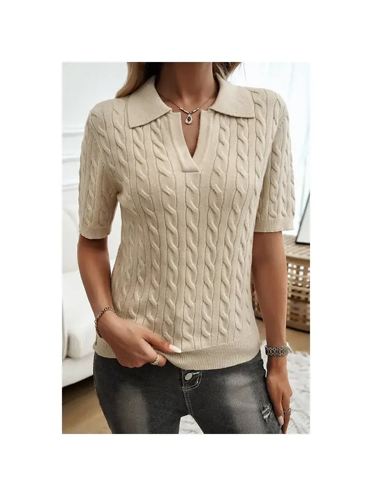 Cable Knit V Neck Short Sleeve Polo Collar Sweater