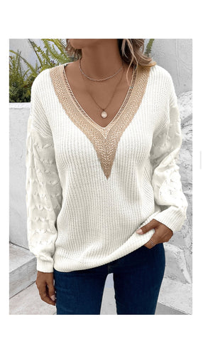 White Vneck Detailed Sweater