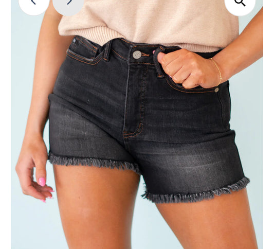 Judy Blue Black HW Tummy Control Fray Shorts