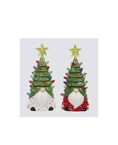 Ceramic Gnome w/ Christmas Tree Hat LED Lights (2 assorted)