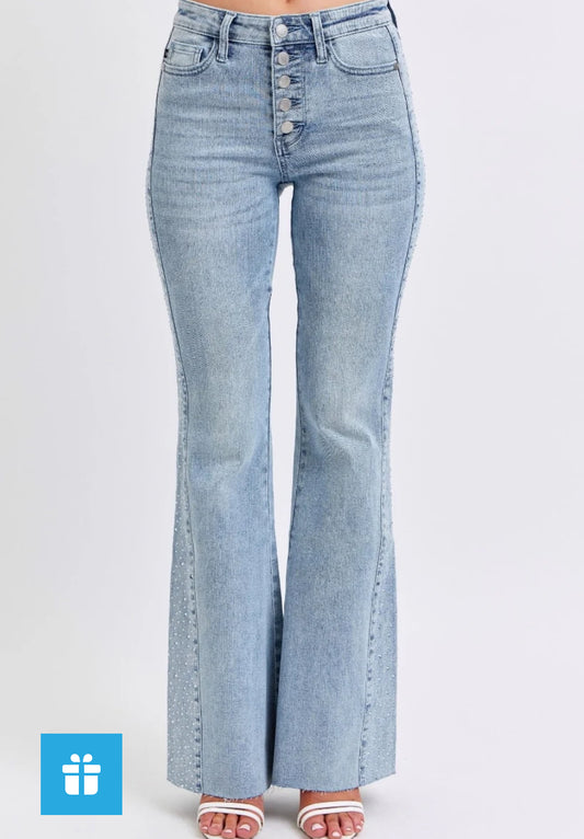 Judy Blue Mid Rise Rhinestone Flares