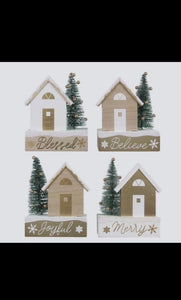 Wood Tabletop Christmas Village w/ Tree Sign (4 Assorted)