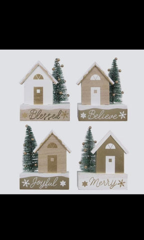 Wood Tabletop Christmas Village w/ Tree Sign (4 Assorted)