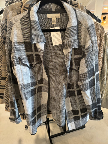 Long Sleeve Open Front AVA Plaid Shacket In Grey/Black