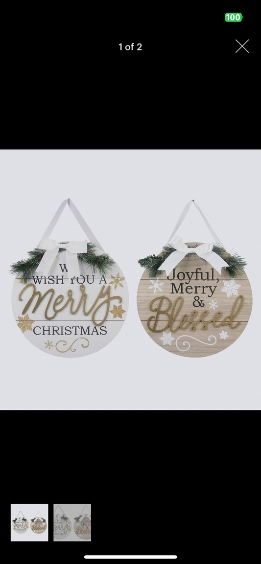 Merry/Blessed Round White & Gold Door Sign or Wall Hanger