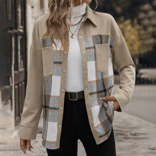 Lapel Plaid Long-sleeved Jacket Single-breasted: Khaki
