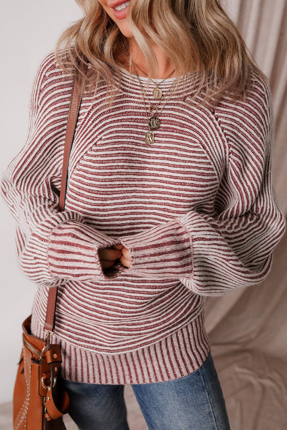 Striped Print Ribbed Knit Boat Neck Baggy Sweater: Red Dahlia