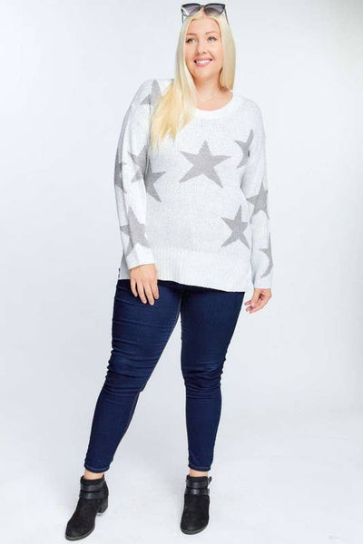 PLUS STAR PRINT LONG SLEEVE ROUND NECK SWEATER: Grey