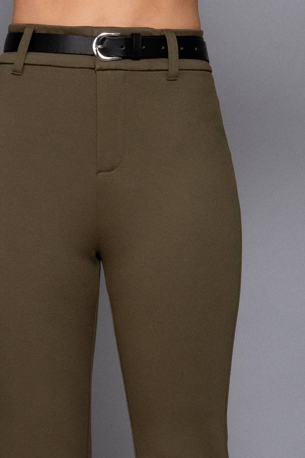 Semi Flare Ponte Pants with Leather Belt: BLK-black / L