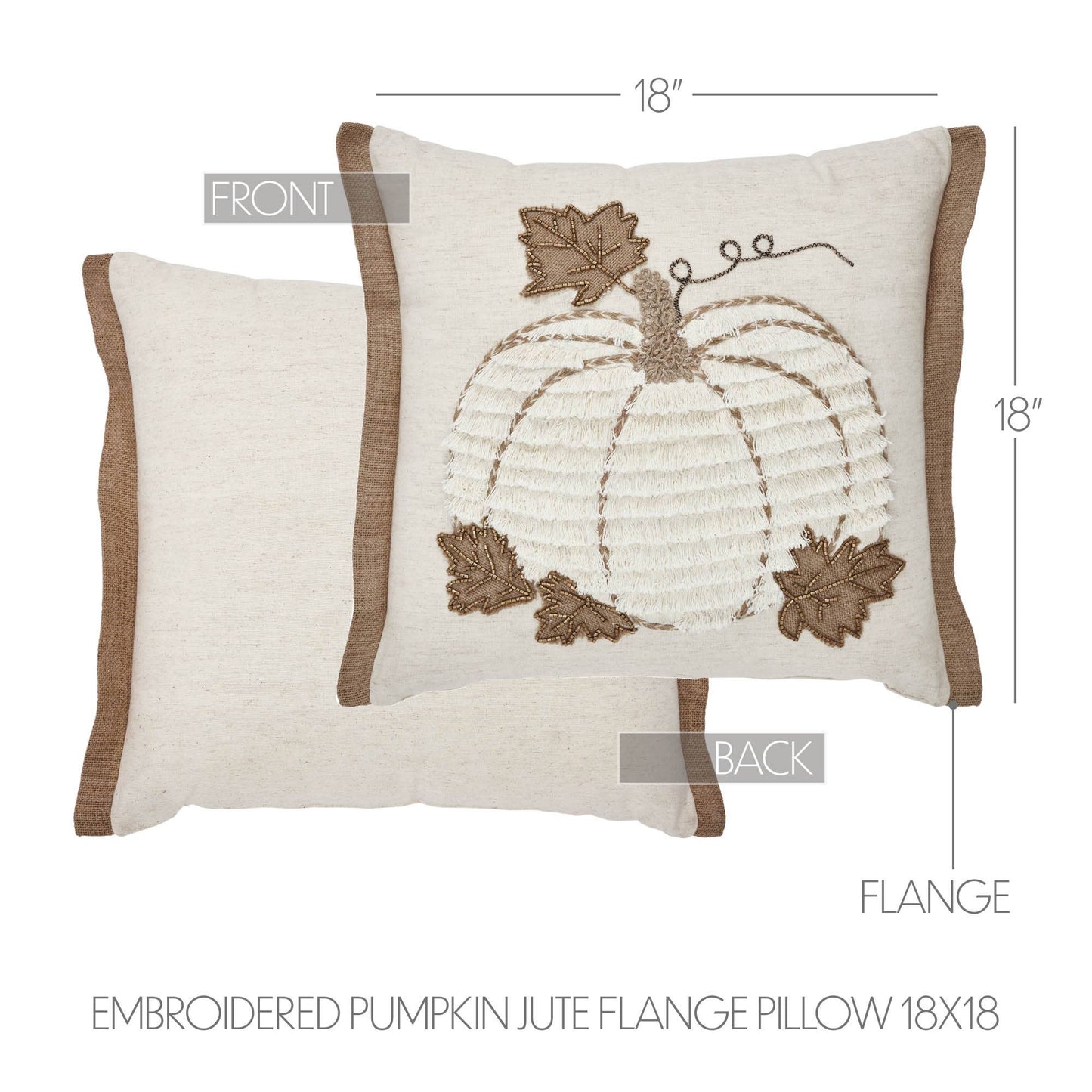 Fall Harvest Farmhouse Embroidered Pumpkin Jute Flange Throw Pillow 18x18