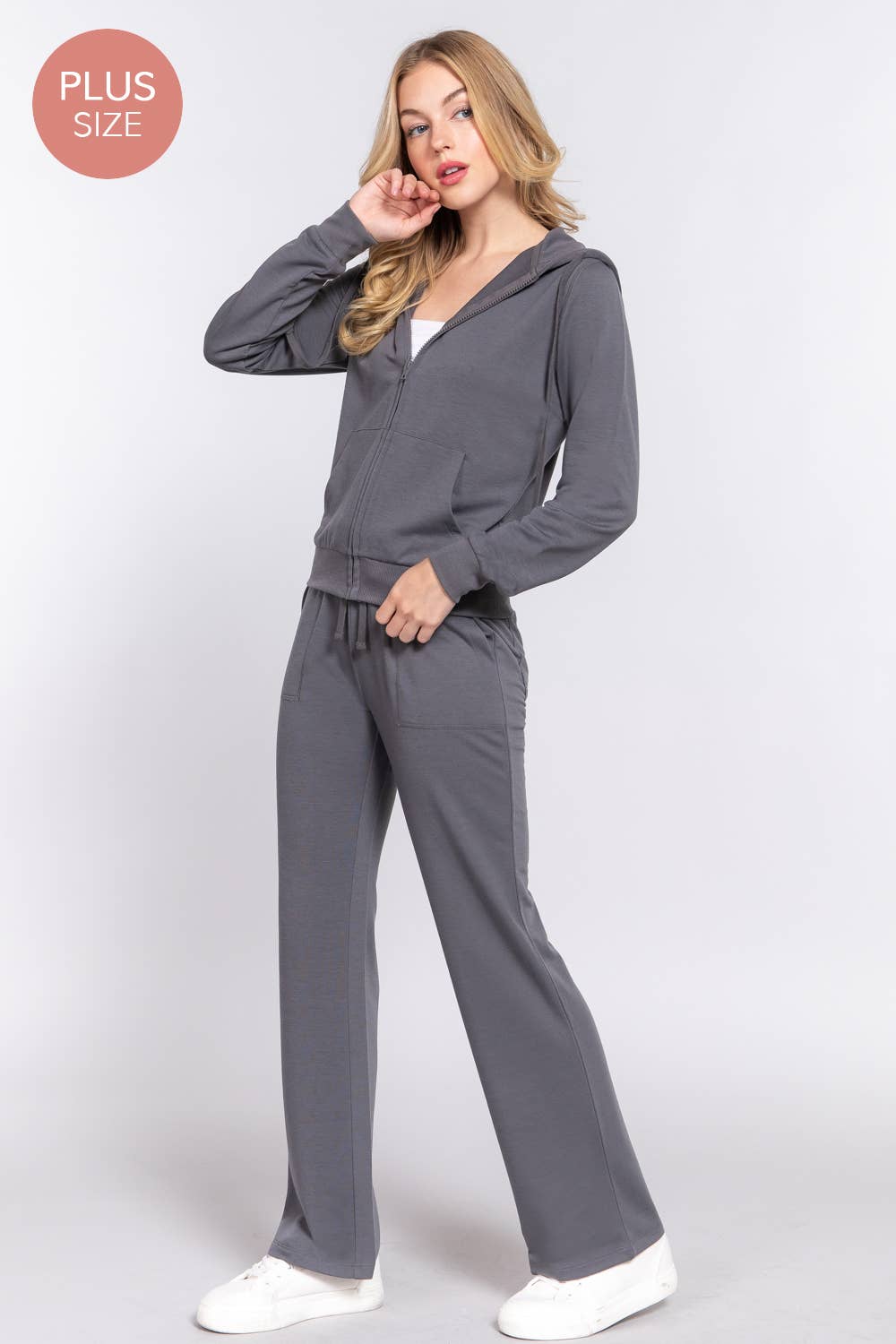 [PLUS SIZE] Long Slv Hoodie Jacket & Pants Sweatsuit Set  : IVY-cream