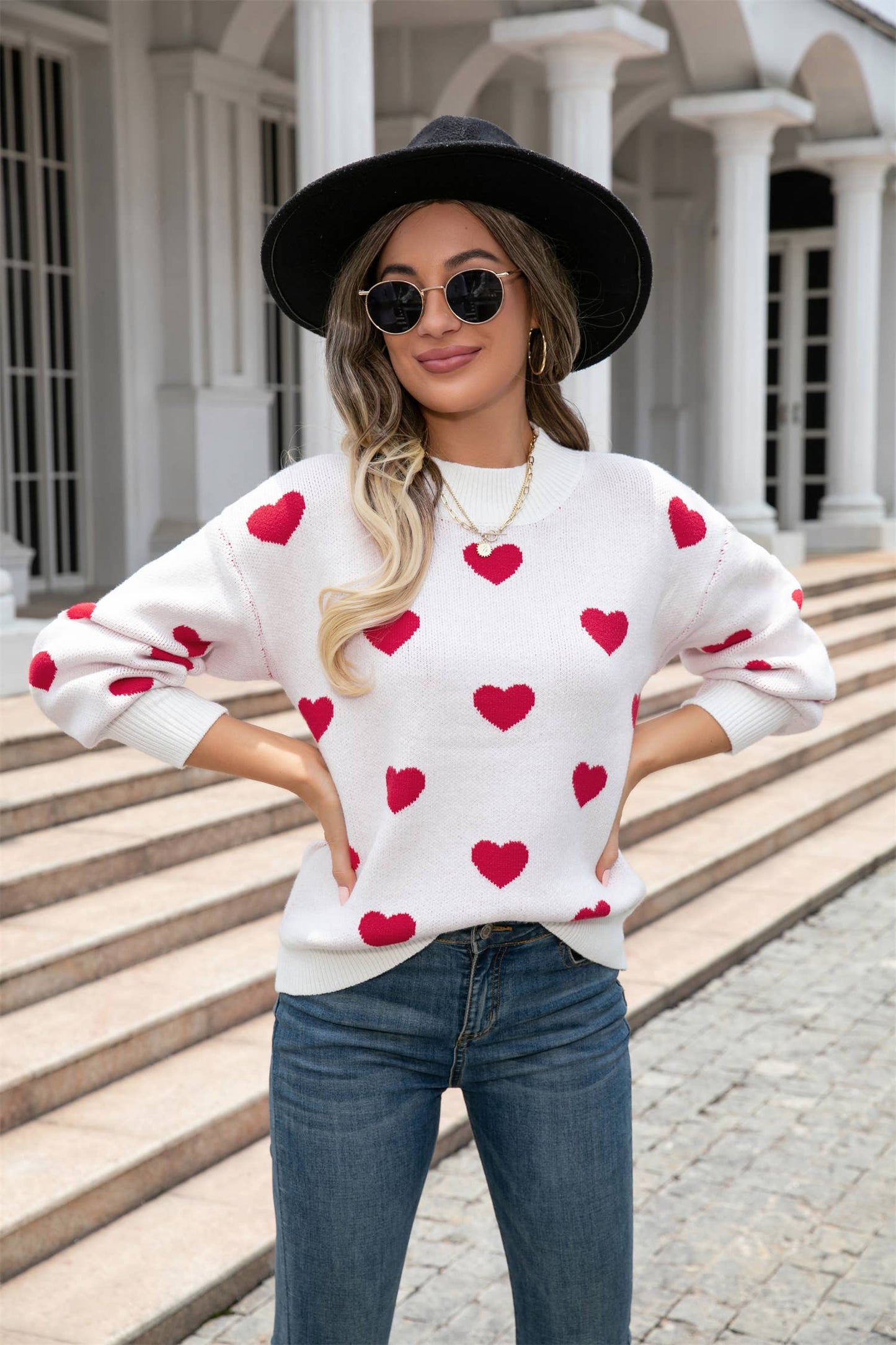 Heart Print Knit Sweater SZ53-SW9208: White
