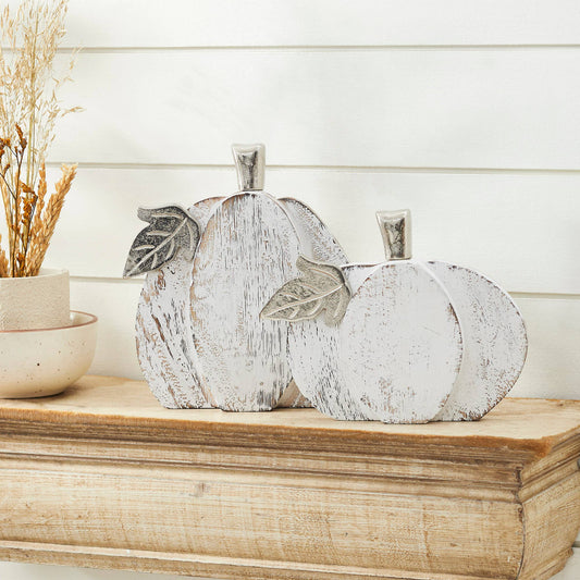 Farmhouse White Wash Wooden Pumpkin Set (2-Piece, 7 & 9 inches) - Rustic Autumn Fall Harvest Home Decor
