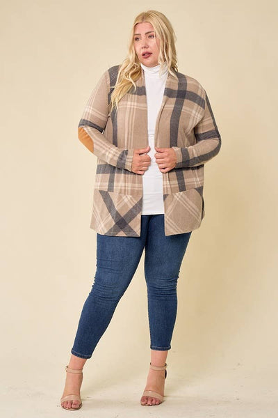 LMT2629PL-PLUS SIZE Hot Chocolate and Bon fired Plaid Cardi: TAUPE