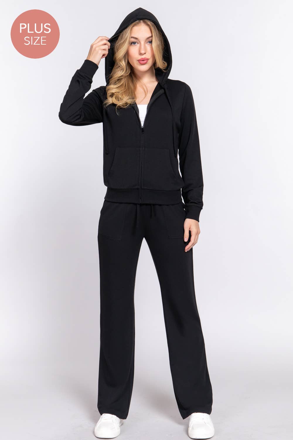 [PLUS SIZE] Long Slv Hoodie Jacket & Pants Sweatsuit Set  : IVY-cream