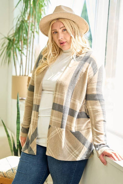 LMT2629PL-PLUS SIZE Hot Chocolate and Bon fired Plaid Cardi: TAUPE