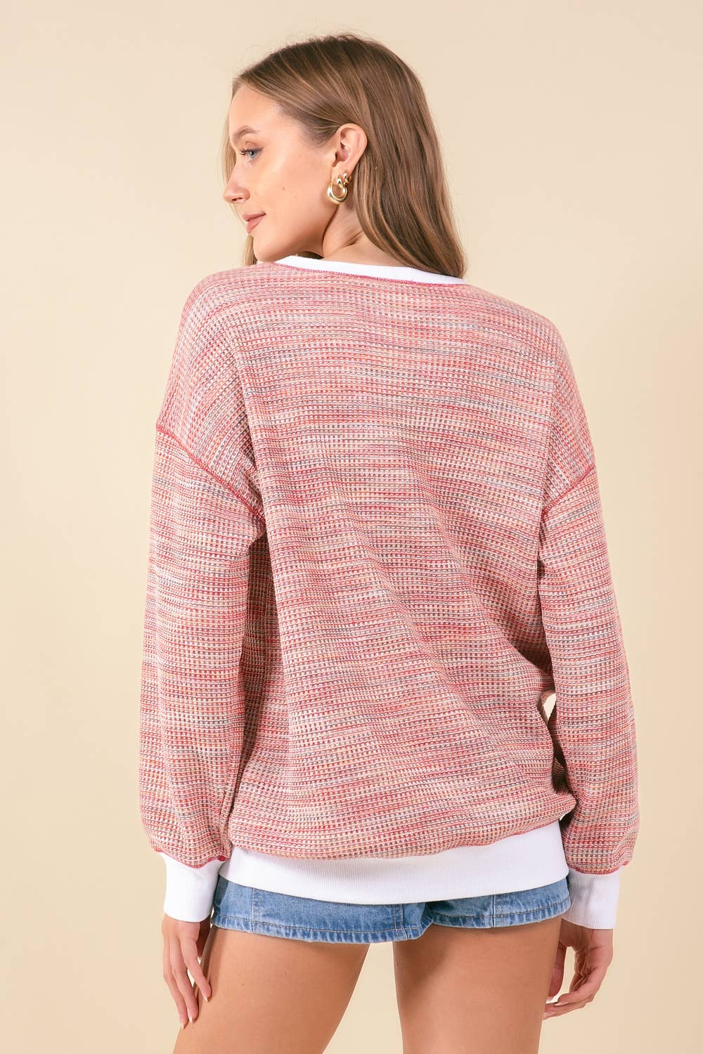 MULTI-COLORED WAFFLE KNIT DROP SHOULDER LONG SLEEVE - 44601T: RED MIX