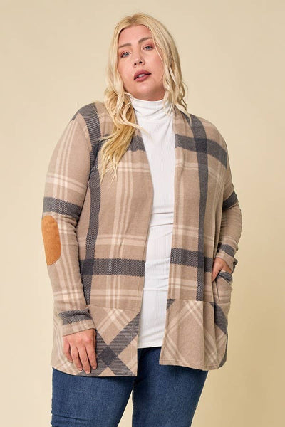 LMT2629PL-PLUS SIZE Hot Chocolate and Bon fired Plaid Cardi: TAUPE