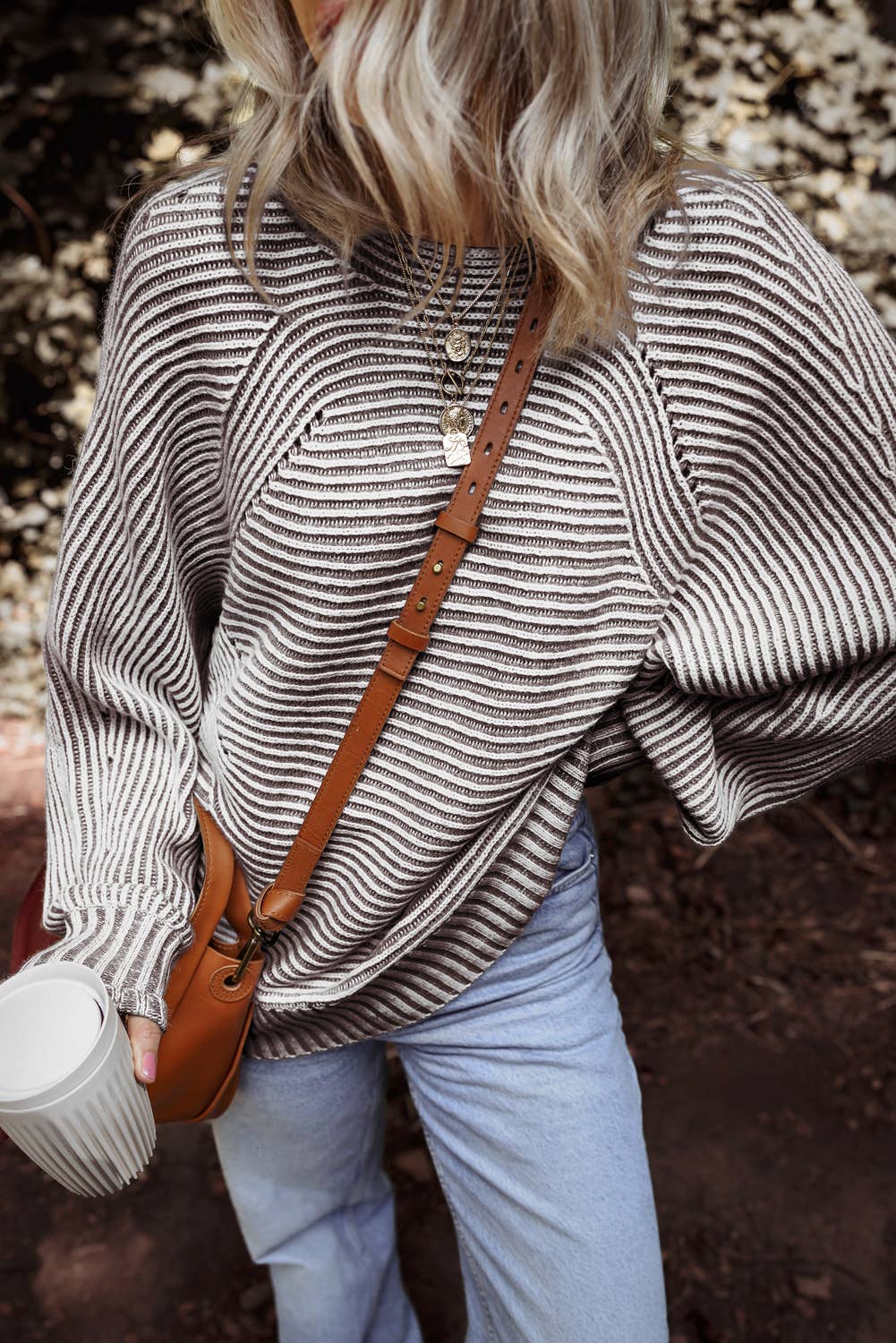 Striped Print Ribbed Knit Boat Neck Baggy Sweater: Black