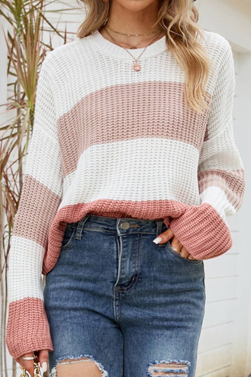 WOMEN CROCHET FISHERMAN KNITTED LOOSE SWEATER Pink
