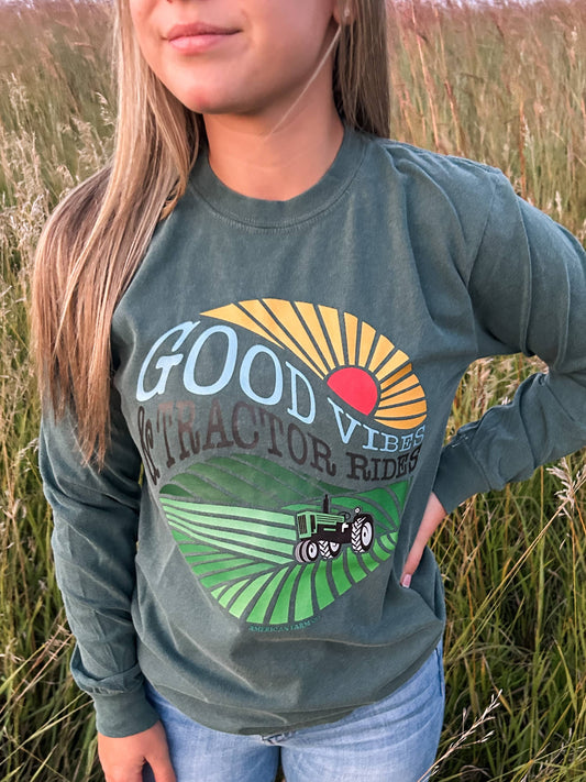 Western Good Vibes Tractor Rides Green Long Sleeve