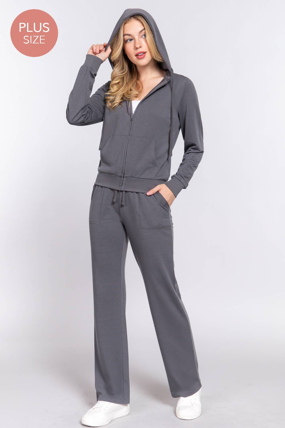 [PLUS SIZE] Long Slv Hoodie Jacket & Pants Sweatsuit Set  : IVY-cream