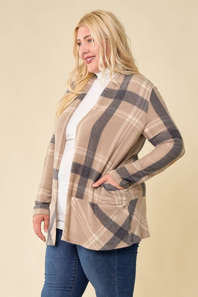 LMT2629PL-PLUS SIZE Hot Chocolate and Bon fired Plaid Cardi: TAUPE