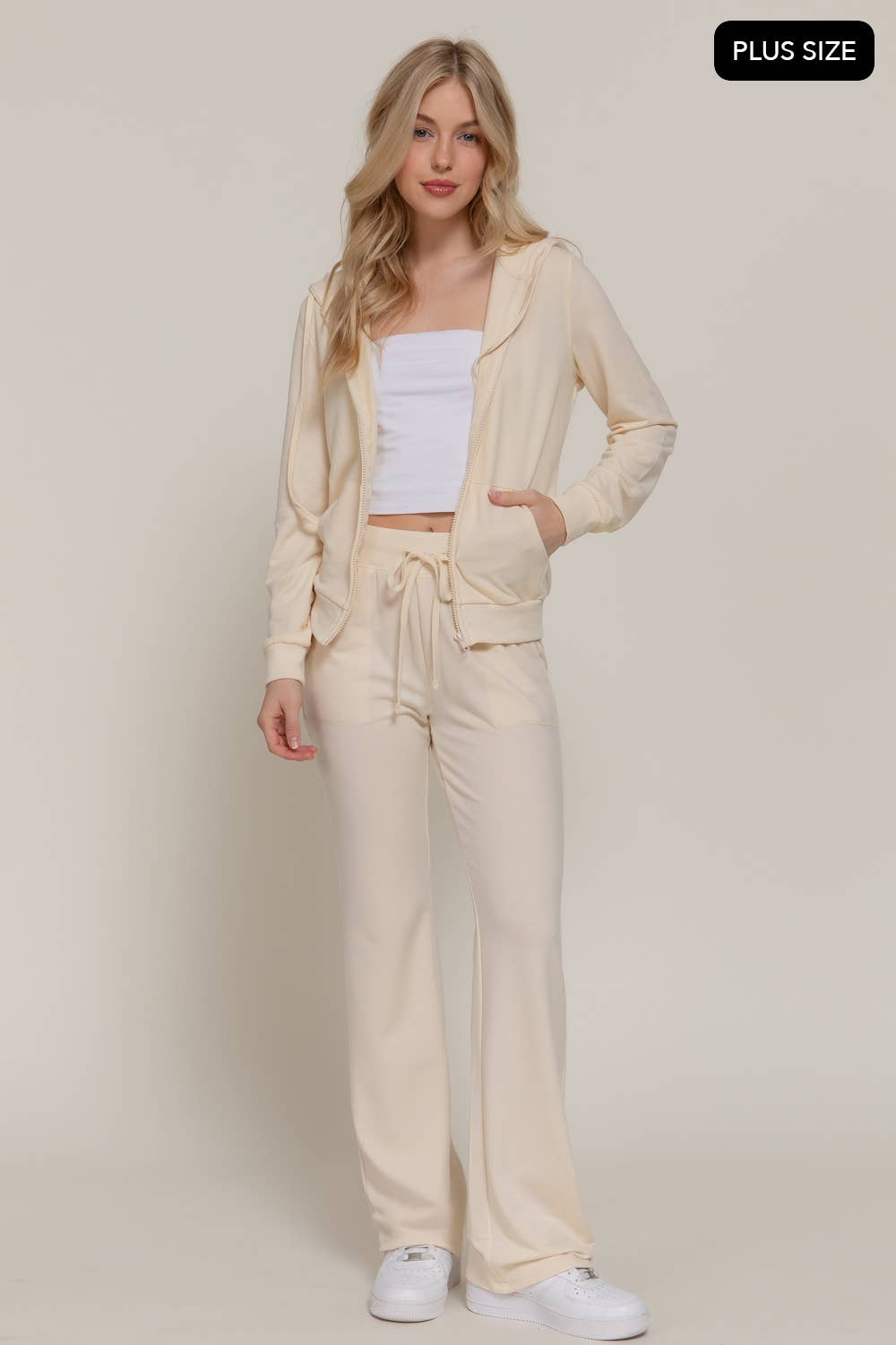 [PLUS SIZE] Long Slv Hoodie Jacket & Pants Sweatsuit Set  : IVY-cream