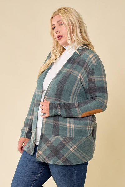 LMT2629PL-PLUS SIZE Hot Chocolate and Bon fired Plaid Cardi: TAUPE