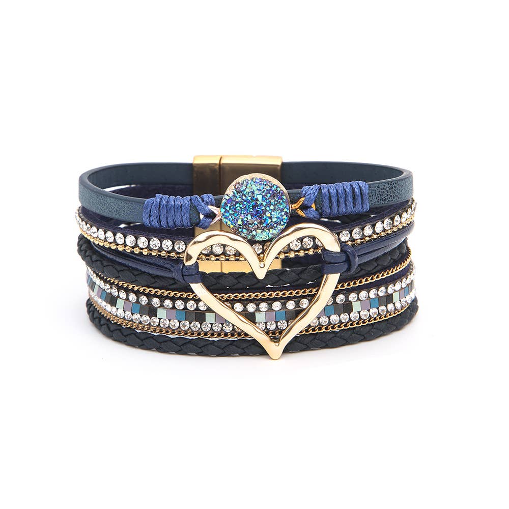 Bohemian Heart Rhinestone Magnetic Buckle Bracelet: White / Alloy / ONE SIZE