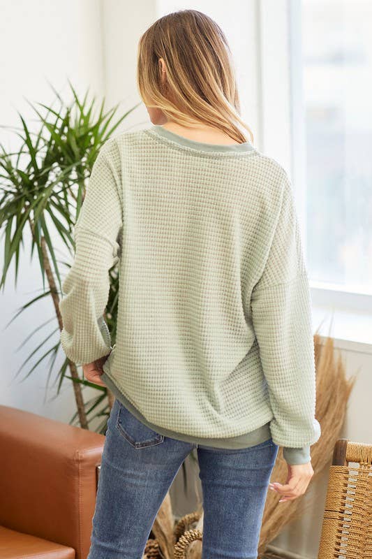 BELLE SOLID WAFFLE KNIT TOP: SAGE