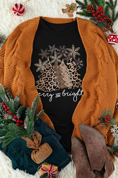 LDC Leopard Christmas Tree Graphic Crew Neck T Shirt: Black