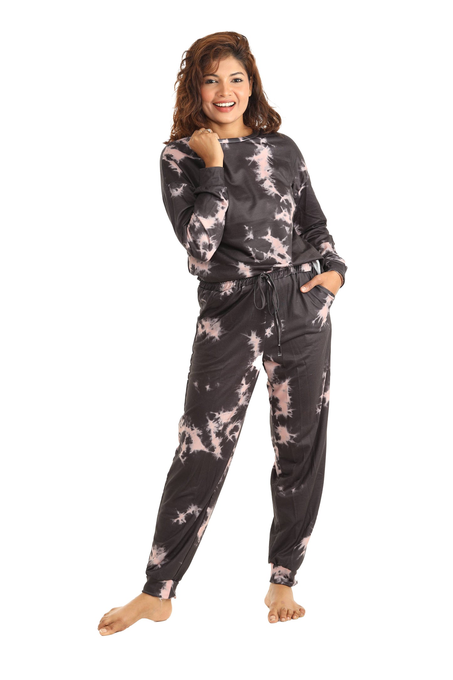 Black & Pink Tie-Dye Long-Sleeve Crewneck Top & Joggers