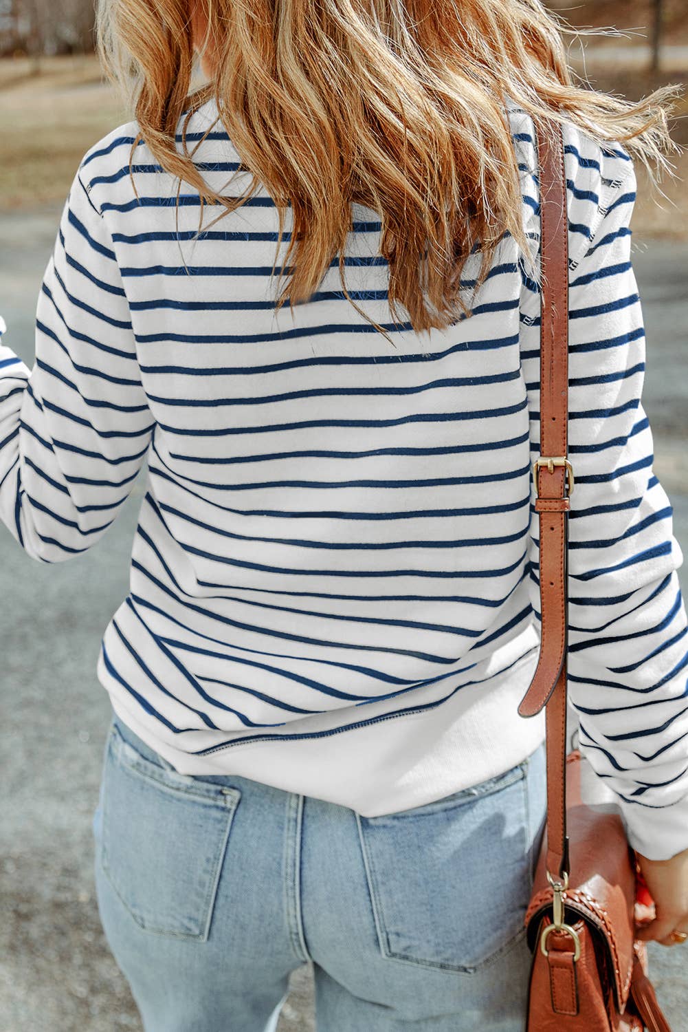 Casual Striped Print Ribbed Trim Long Sleeve Top:Blue
