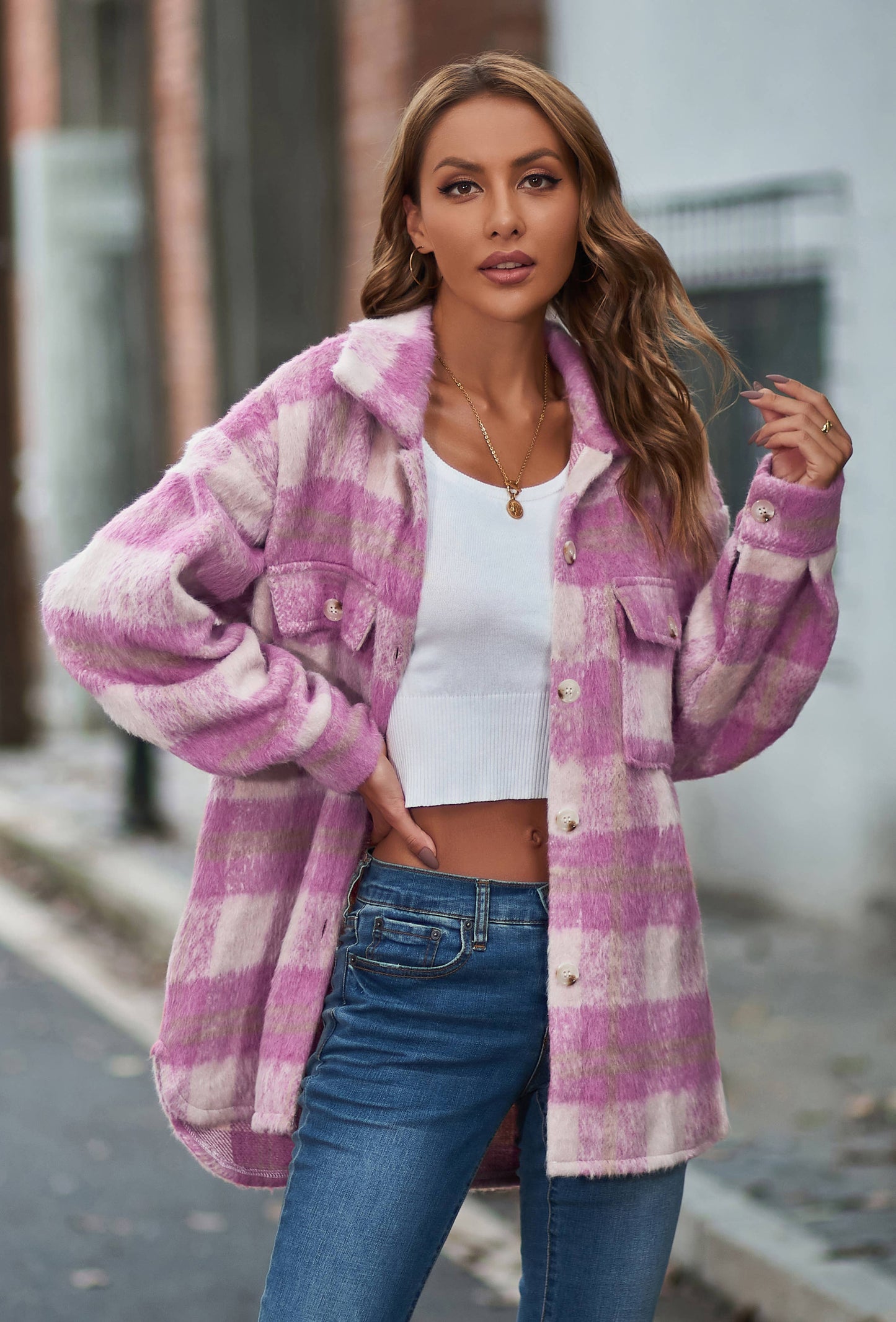 G5-JK6619 Fuzzy Plaid Button Down Shirt Jacket Shacket: Pink