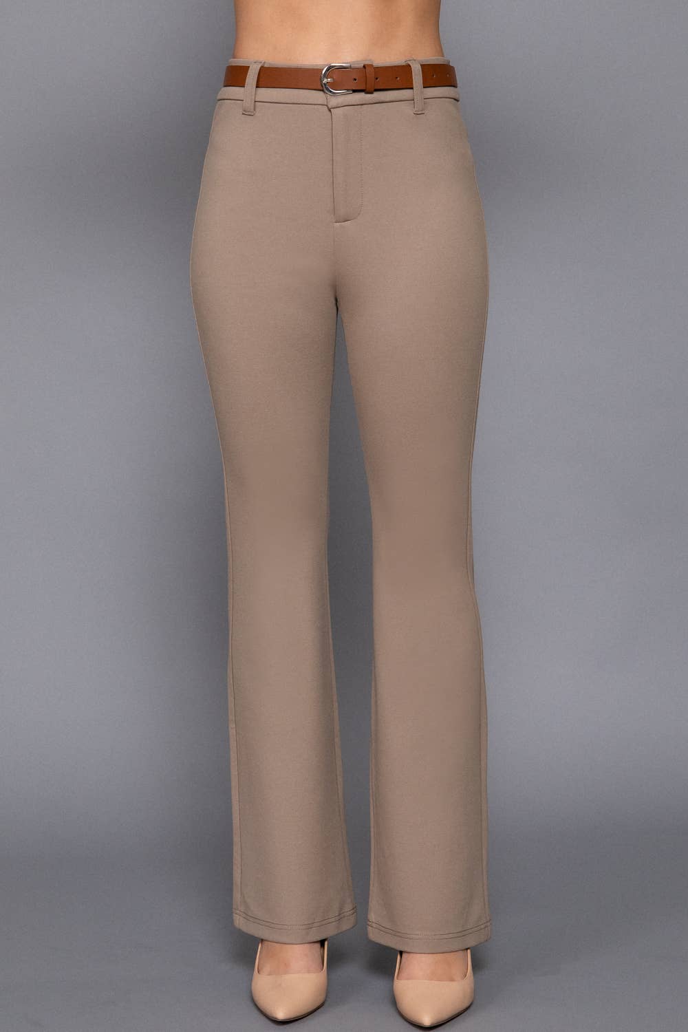 Semi Flare Ponte Pants with Leather Belt: BLK-black / L