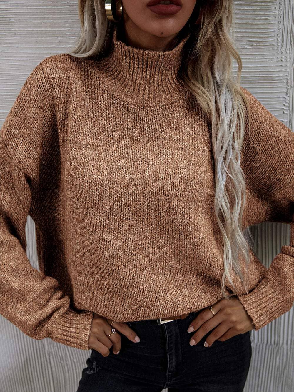 High neck drop shoulder sweater