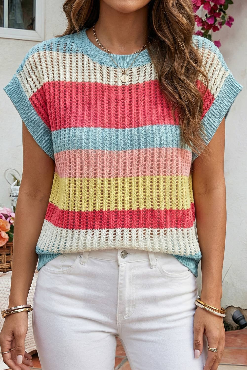 Color Block Hollow Out Knit Short Sleeve Sweater: Green Stripe